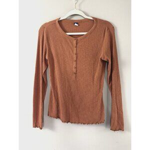 Old Navy Y2K Sienna Ribbed Button Henley Medium Lettuce Hem Top Retro